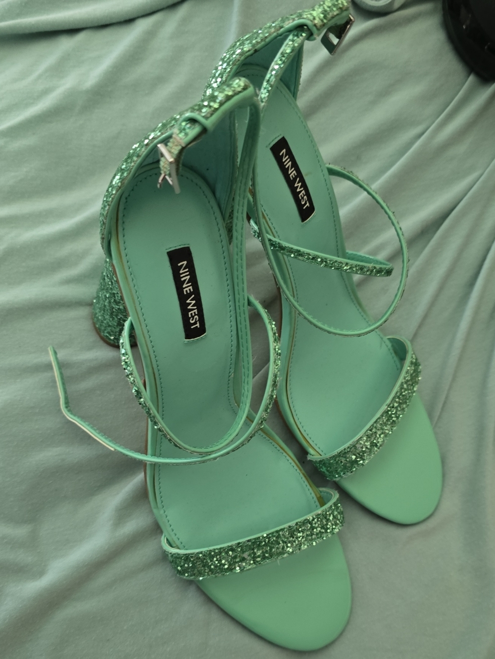 Nine West Mint Green Glitter Block Heel Sandals